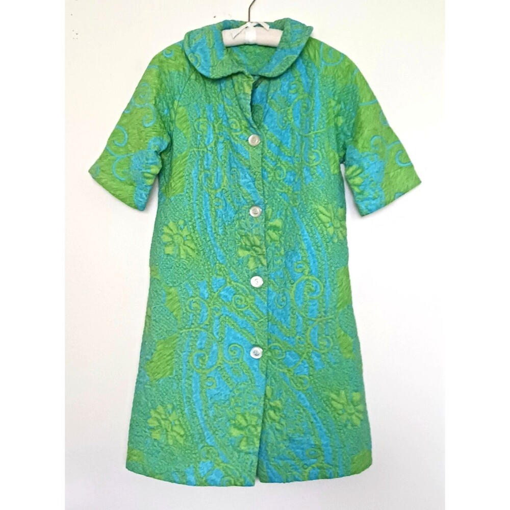 VTG 70s Robe/Housecoat Green/Aqua Quilt Cotton Print Knee Length Button Front
